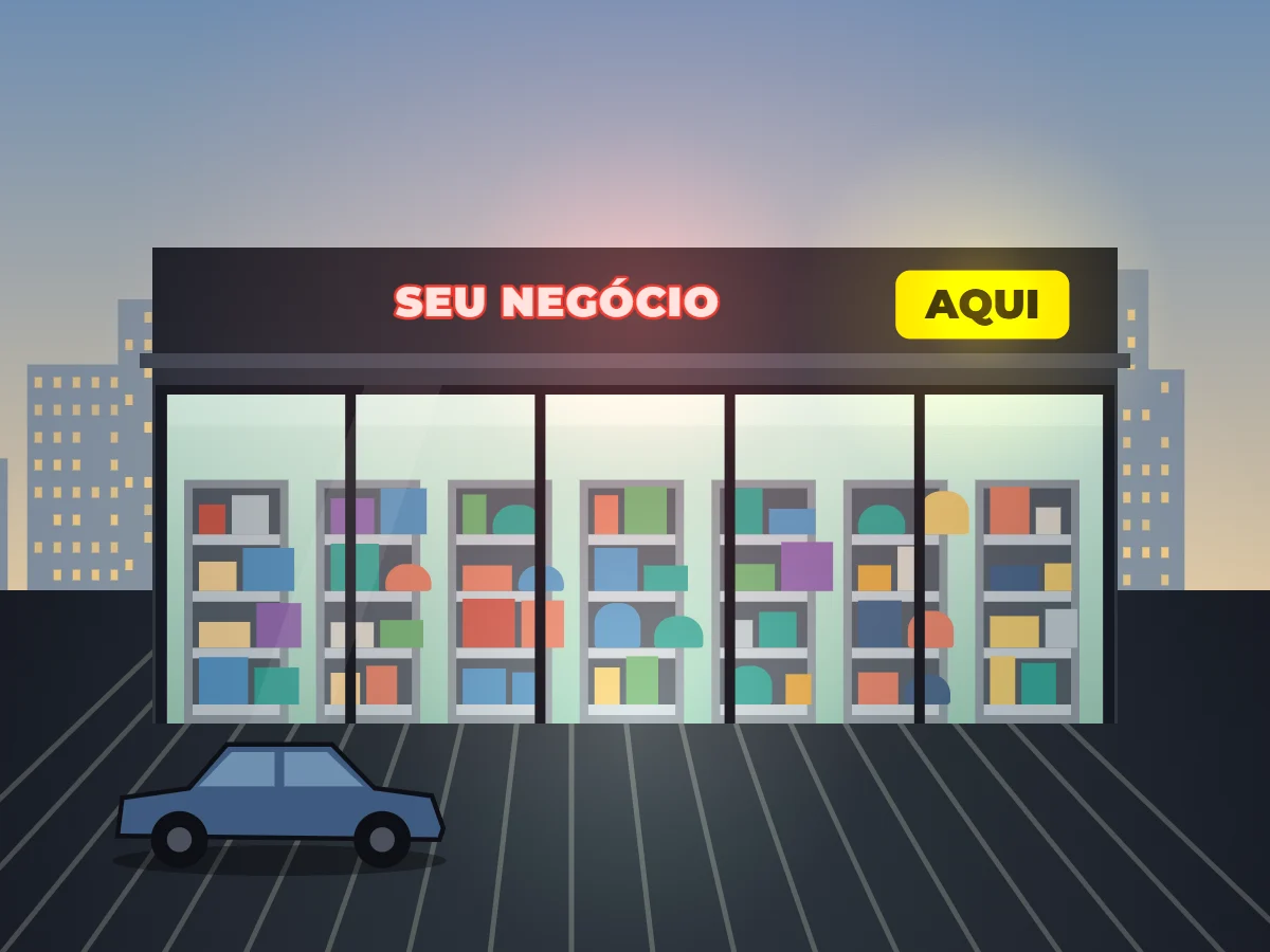 Fachada de mercado desenhada no estilo da série com o letreiro SEU NEGÓCIO AQUI