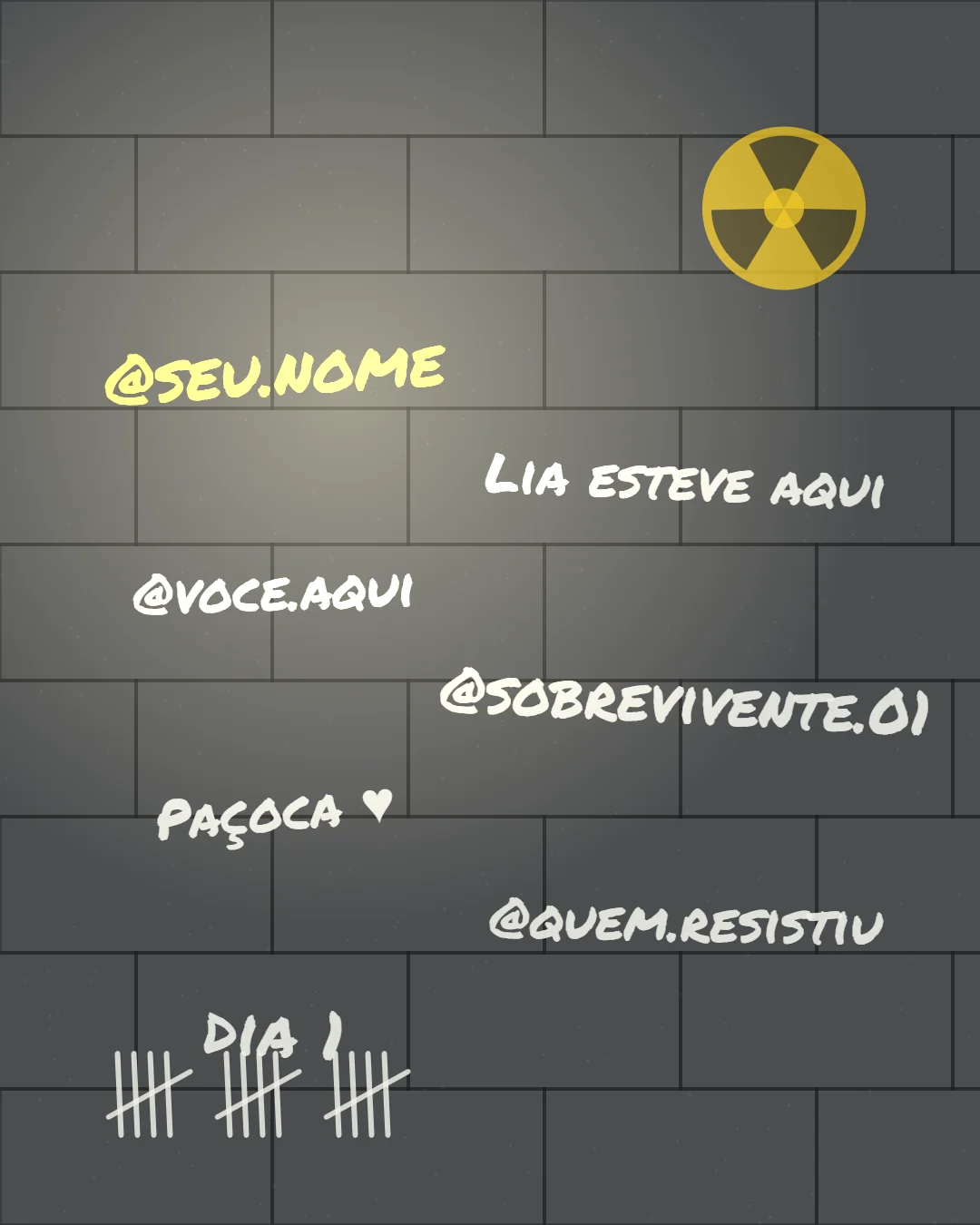 Parede de concreto do abrigo com nomes escritos a giz, como @seu.nome e @voce.aqui