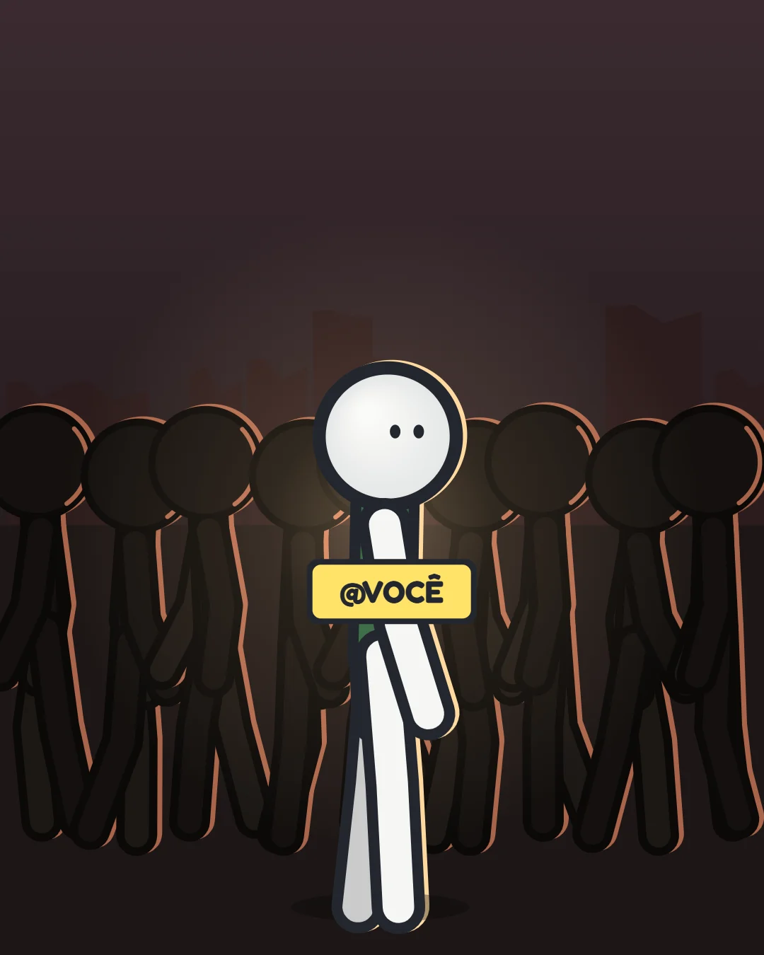 Um boneco no meio da multidão com um crachá amarelo escrito @VOCÊ